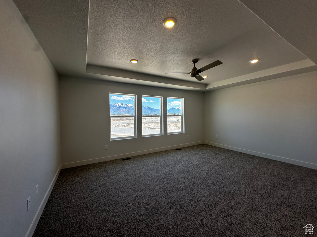 Carpeted spare room with a tray ceiling, a textured ceiling, baseboards, ceiling fan, and recessed lighting