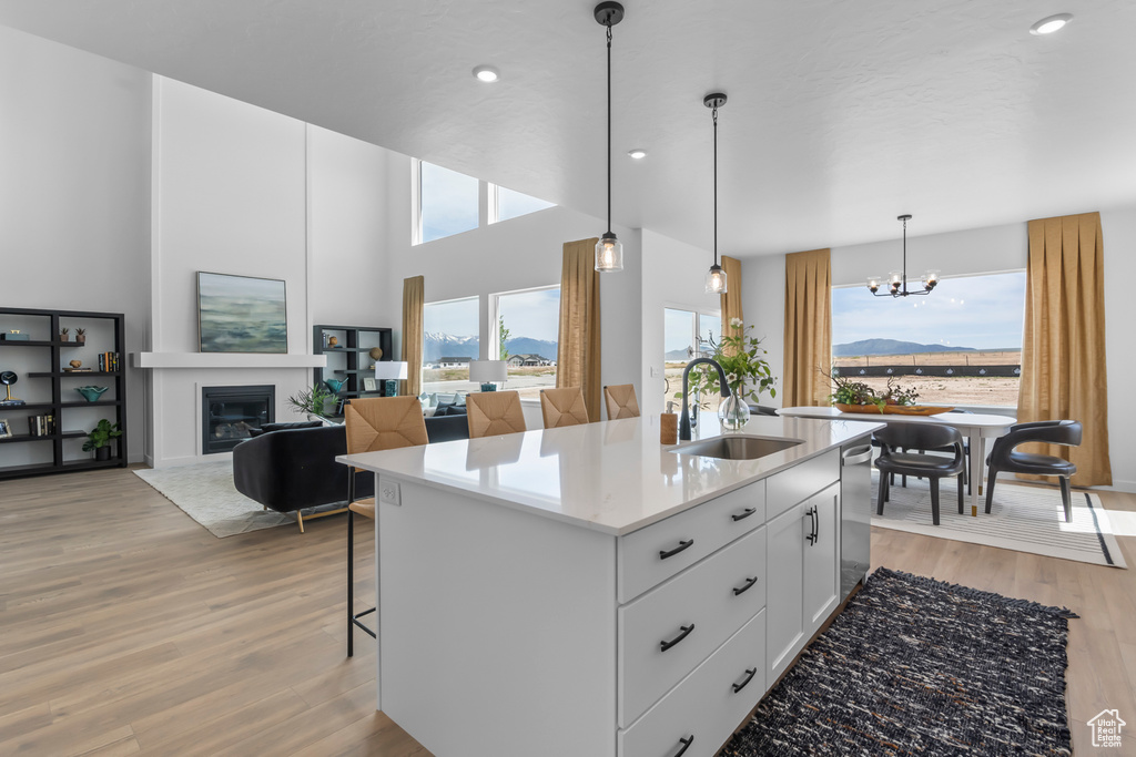 Kitchen featuring a sink, light wood-style floors, a glass covered fireplace, white cabinetry, and recessed lighting