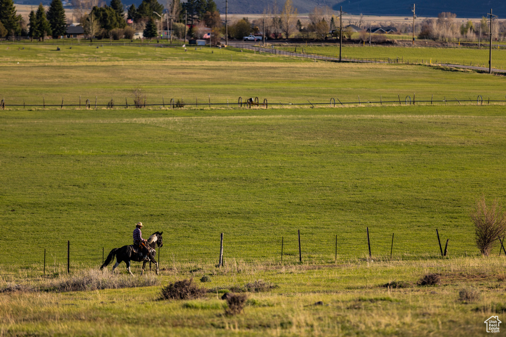 Mountain view with rural landscape and agricultural land