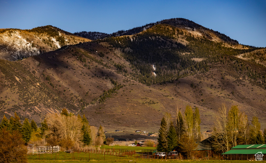 View of mountain backdrop with rural landscape