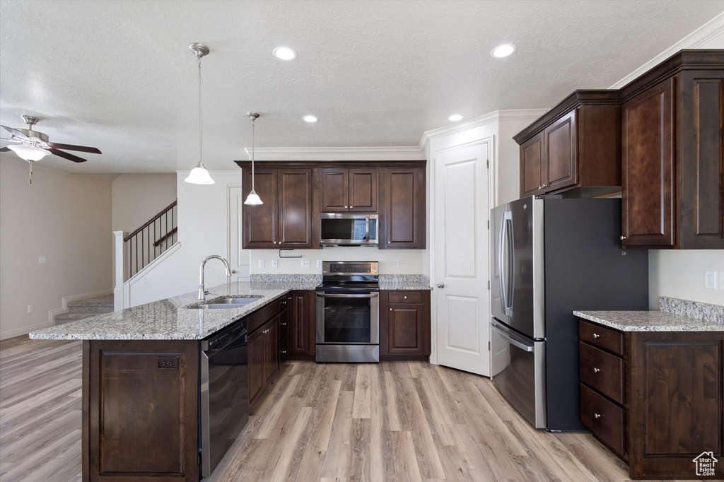 Kitchen with appliances with stainless steel finishes, a sink, a peninsula, light wood finished floors, and recessed lighting