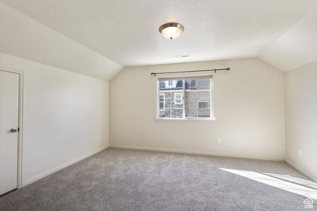 Additional living space with vaulted ceiling, carpet, and baseboards