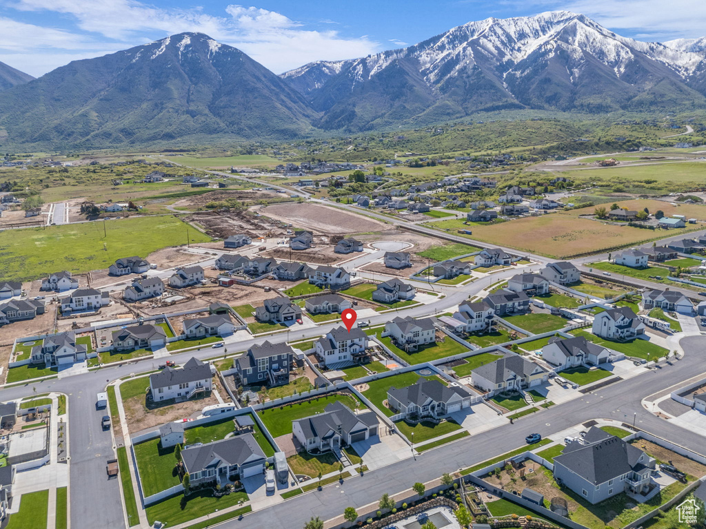 Aerial view of residential area with mountains