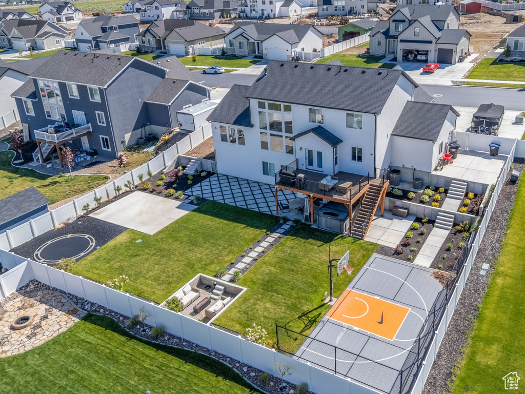 Aerial perspective of suburban area with mountains