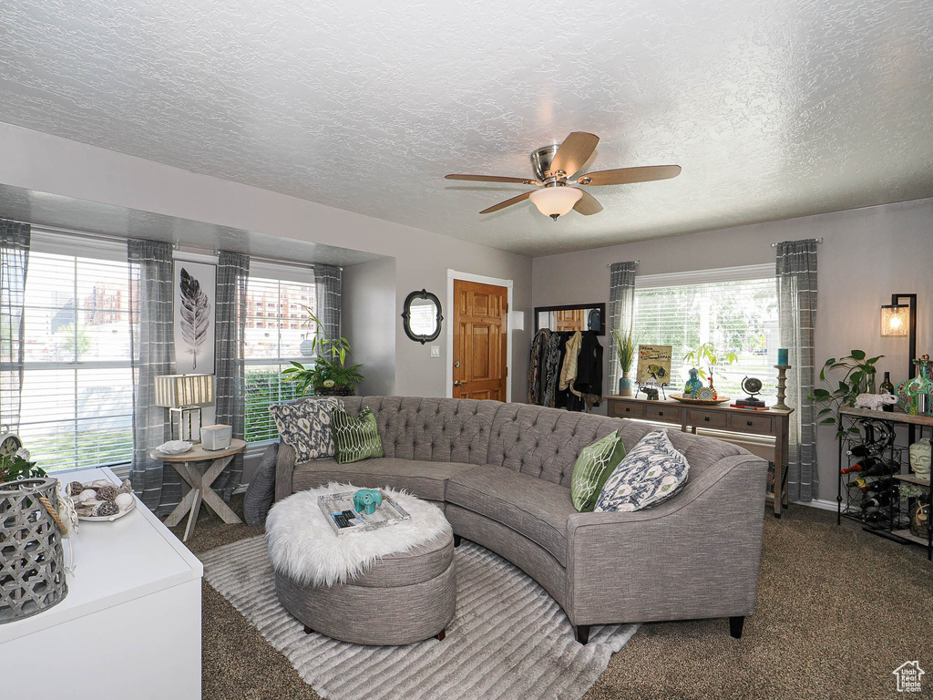 Living room with a ceiling fan, a textured ceiling, and carpet floors