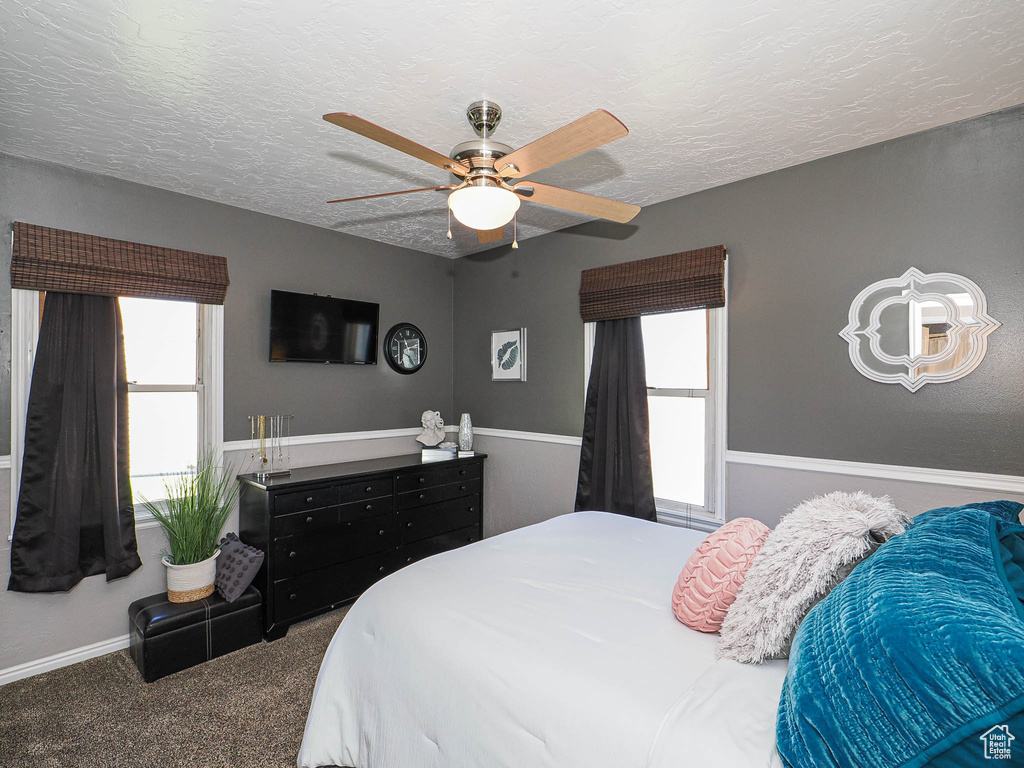 Bedroom with multiple windows, carpet floors, a textured ceiling, ceiling fan, and baseboards