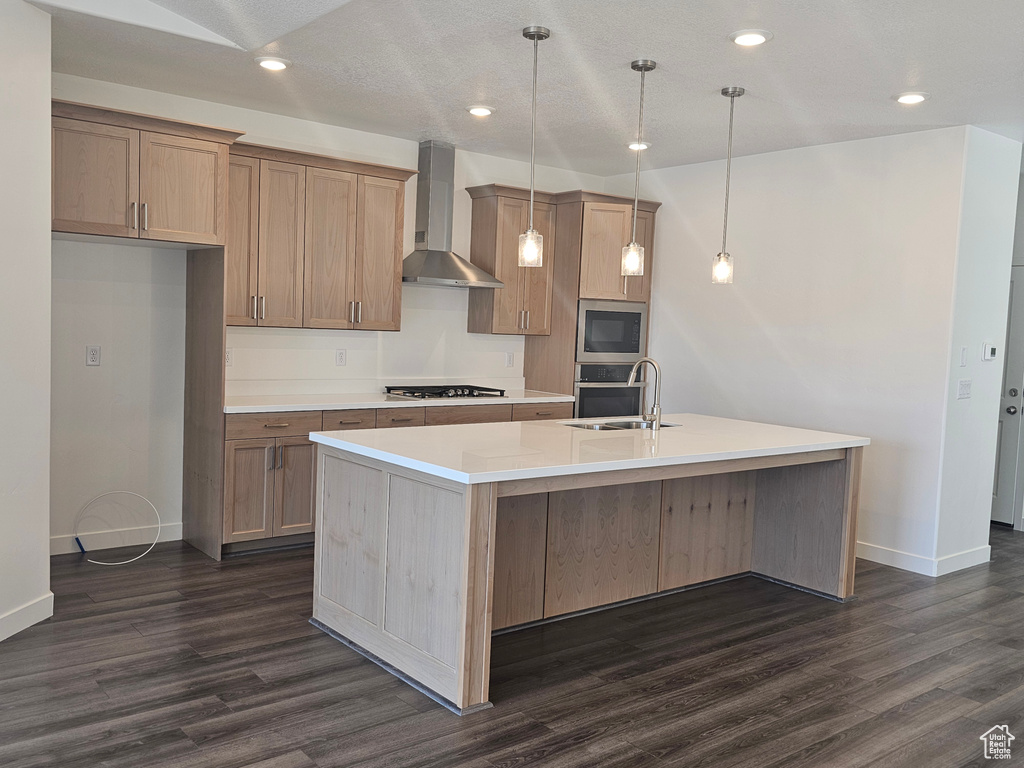 Kitchen with wall chimney range hood, a sink, appliances with stainless steel finishes, baseboards, and a kitchen island with sink