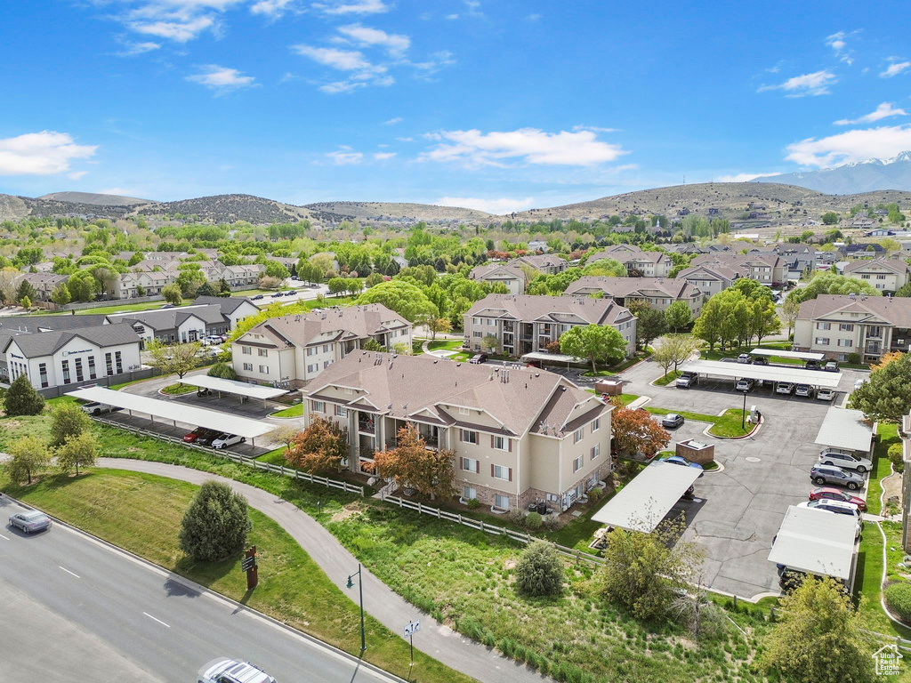 Aerial perspective of suburban area with mountains
