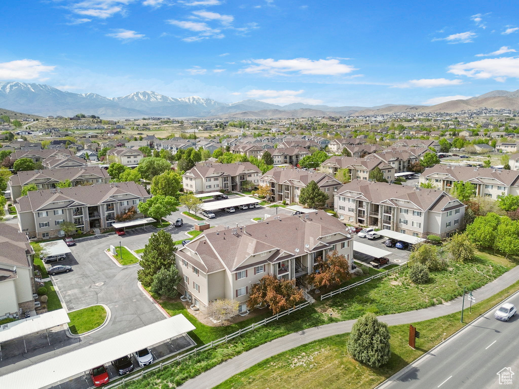 Aerial view of residential area with mountains