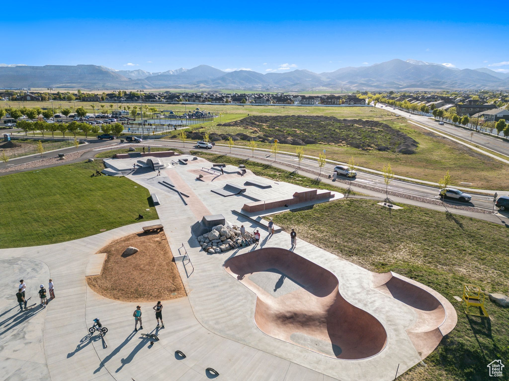 Drone / aerial view of a mountainous background