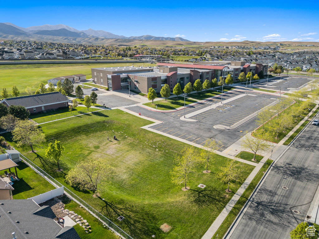 Aerial view of residential area with mountains