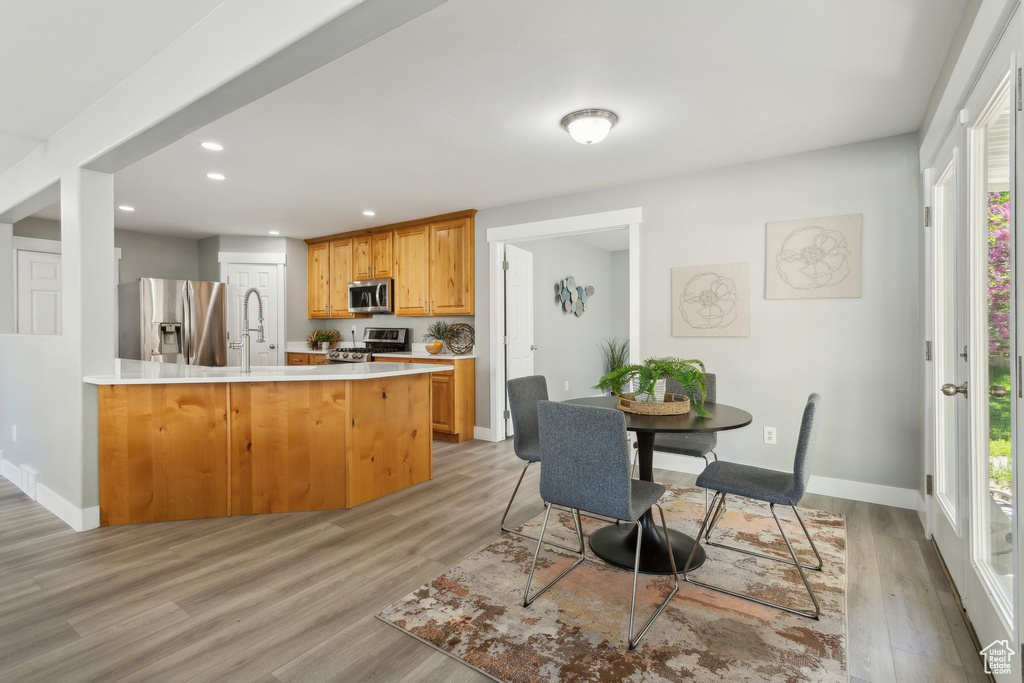 Kitchen with appliances with stainless steel finishes, light wood-type flooring, recessed lighting, a sink, and a peninsula