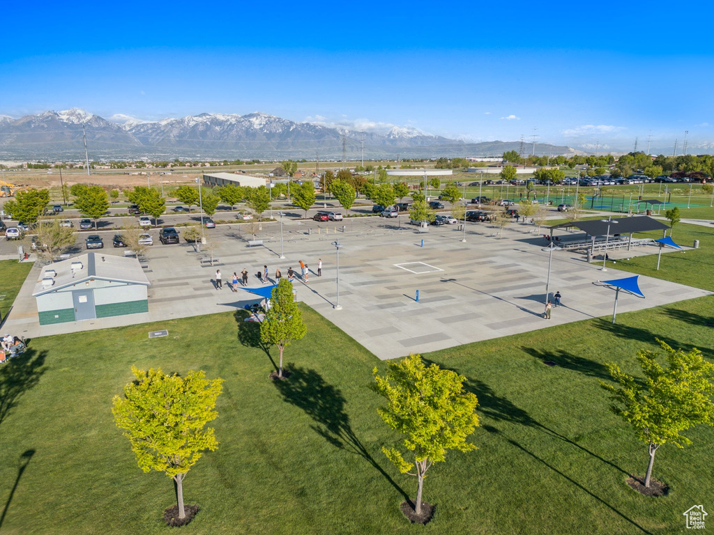 Drone / aerial view of a mountainous background