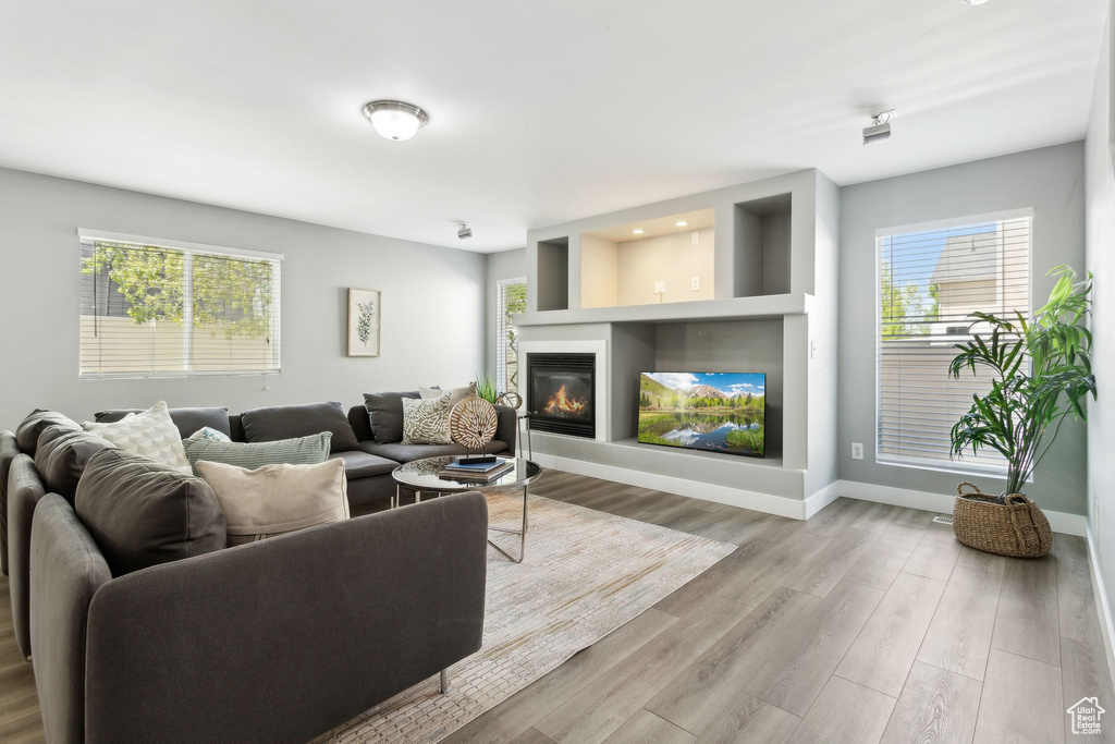 Living room featuring plenty of natural light, a glass covered fireplace, wood finished floors, and baseboards