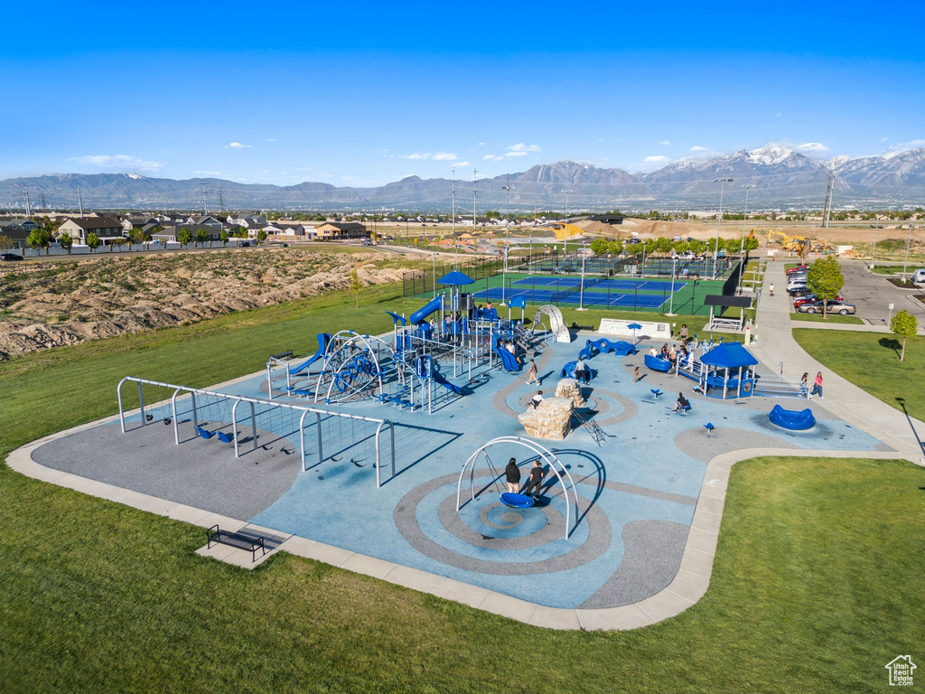 Drone / aerial view of mountains and a recreational park