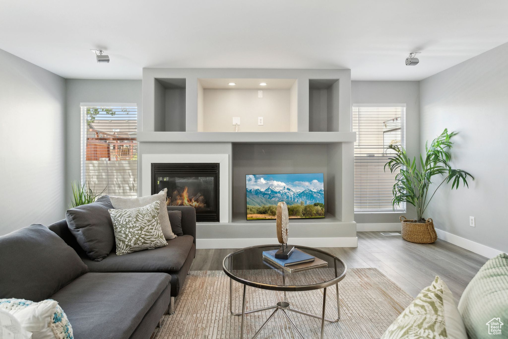 Living room featuring baseboards, a glass covered fireplace, and wood finished floors