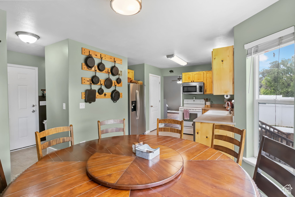 Dining area with ceiling fan