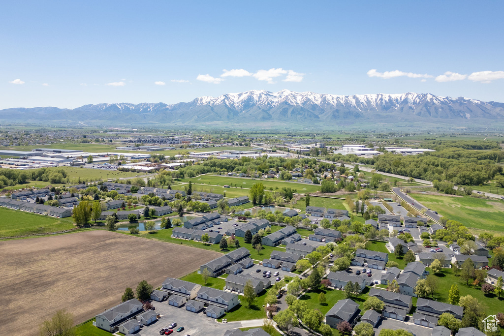 Aerial view of residential area with a mountain backdrop