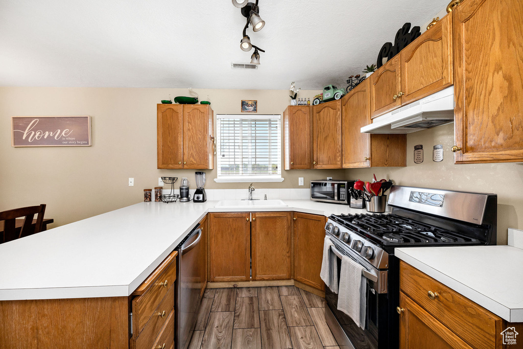Kitchen featuring appliances with stainless steel finishes, under cabinet range hood, a sink, a peninsula, and wood finished floors