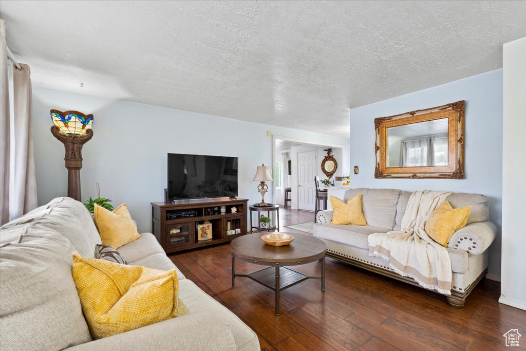 Living room featuring wood-type flooring and a textured ceiling
