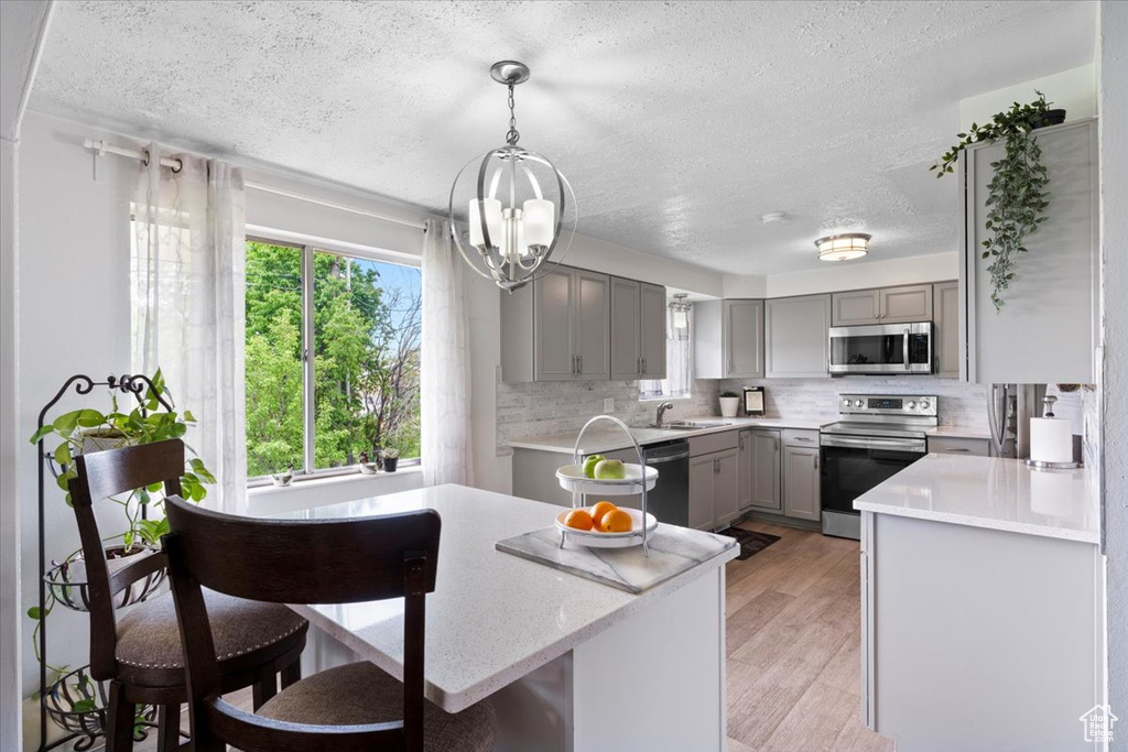 Kitchen with appliances with stainless steel finishes, gray cabinets, a textured ceiling, plenty of natural light, and decorative backsplash