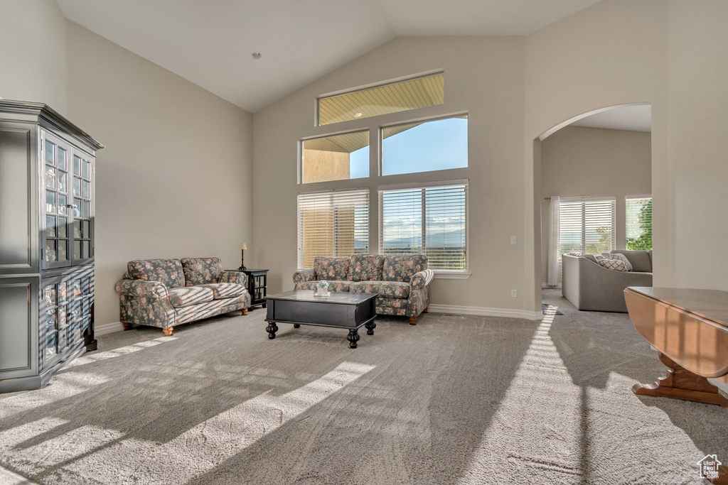 Living room featuring arched walkways, high vaulted ceiling, carpet flooring, and baseboards