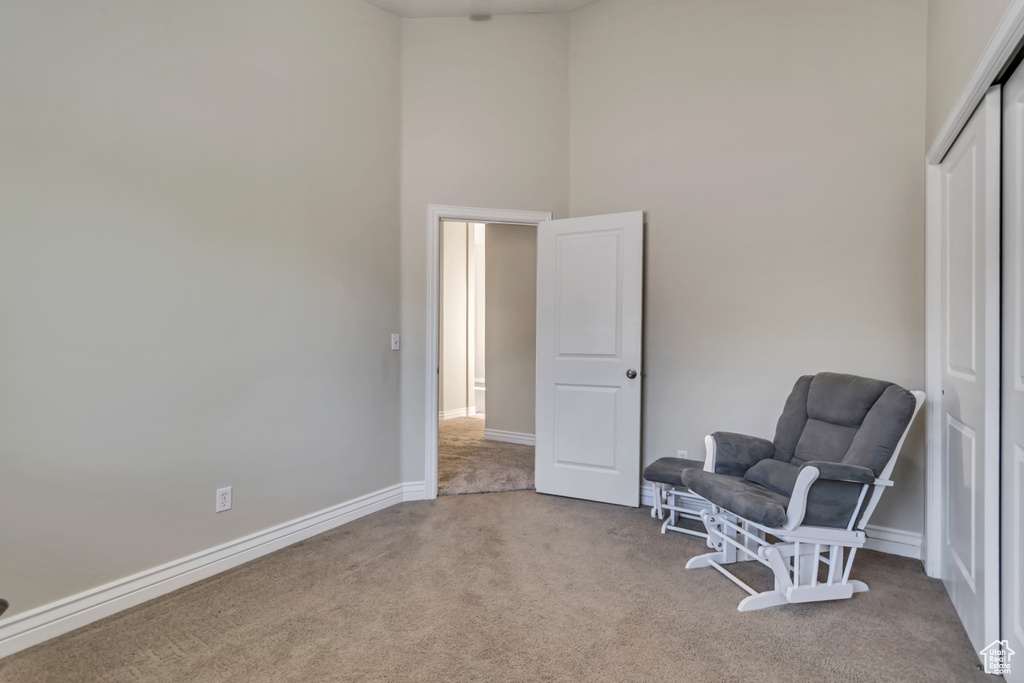 Living area featuring carpet, a towering ceiling, and baseboards