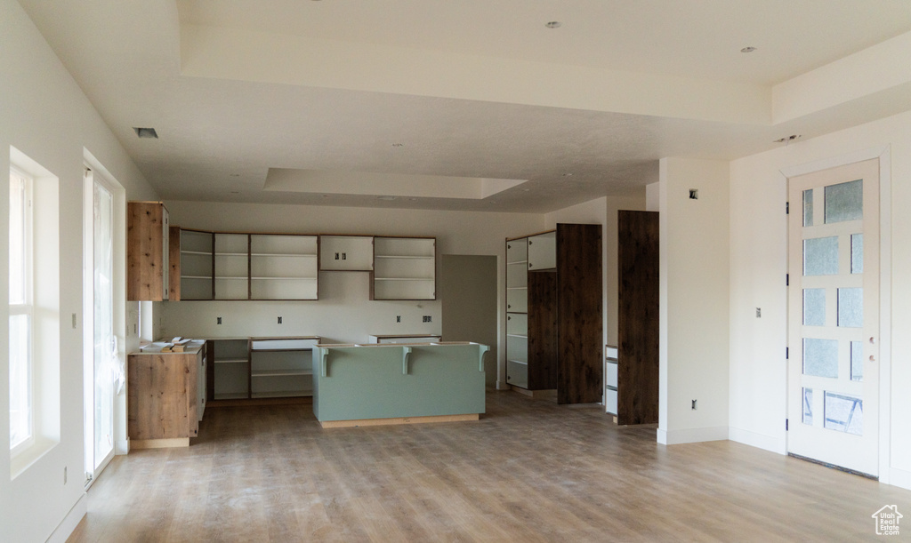 Kitchen with a tray ceiling, light wood-type flooring, and a kitchen island