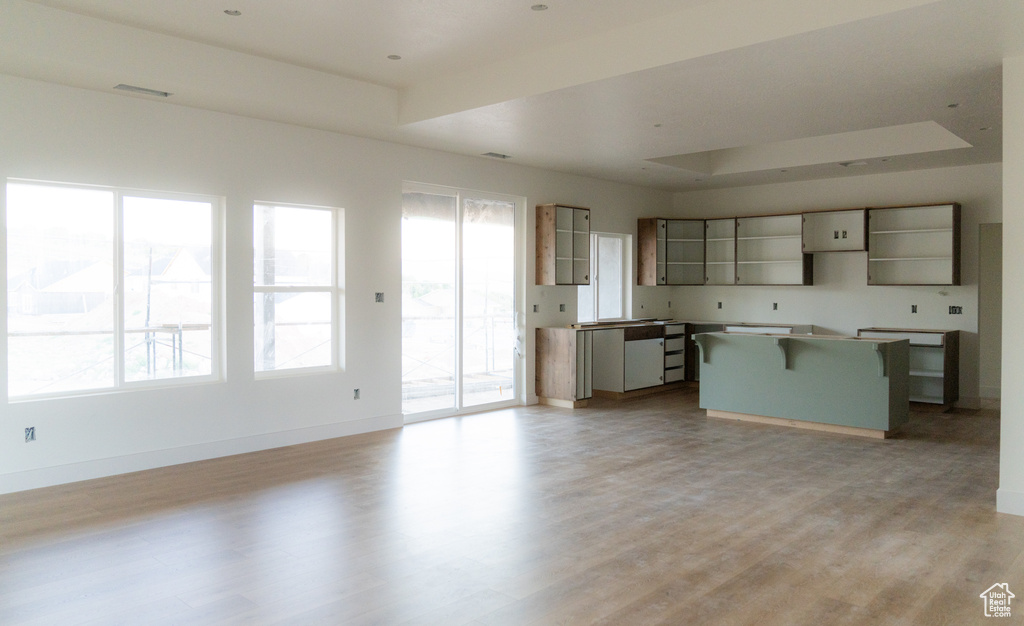 Unfurnished living room with healthy amount of natural light, light wood-style floors, and a tray ceiling