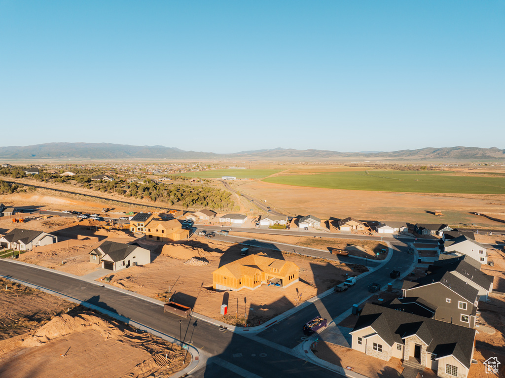 Aerial perspective of suburban area with mountains