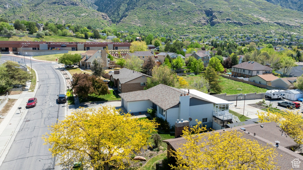 Aerial perspective of suburban area with mountains