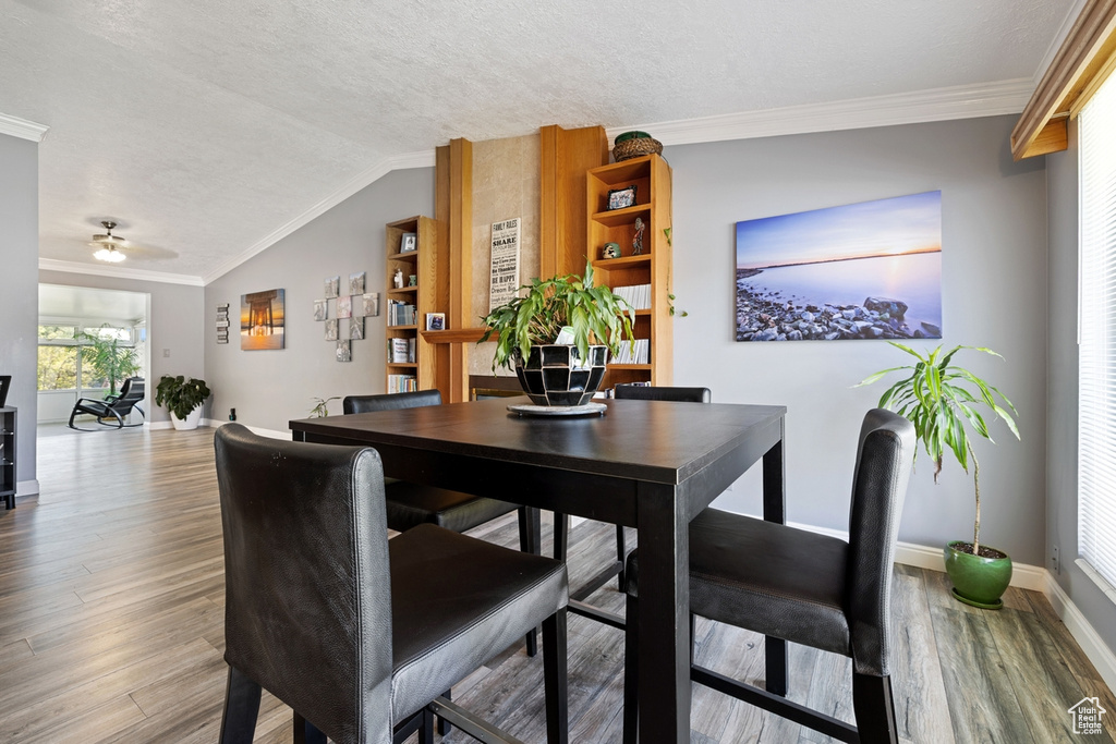 Dining room with lofted ceiling, baseboards, wood finished floors, ornamental molding, and a ceiling fan