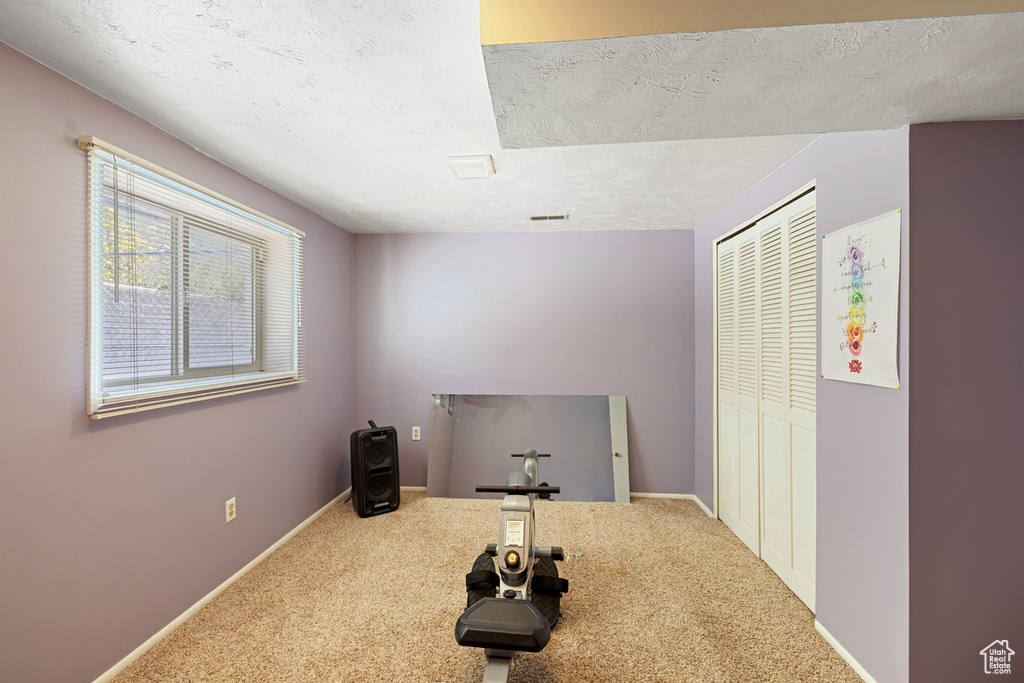 Workout room with carpet floors, a textured ceiling, and baseboards