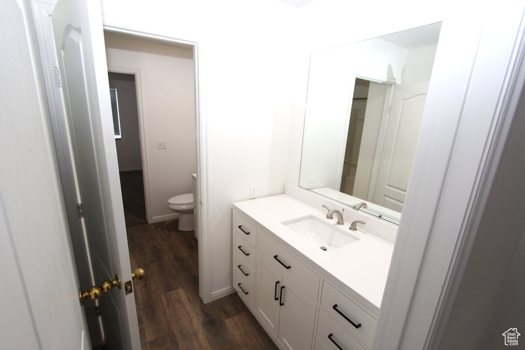 Bathroom with wood finished floors, toilet, and vanity
