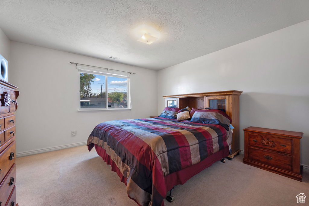Carpeted bedroom with a textured ceiling and baseboards