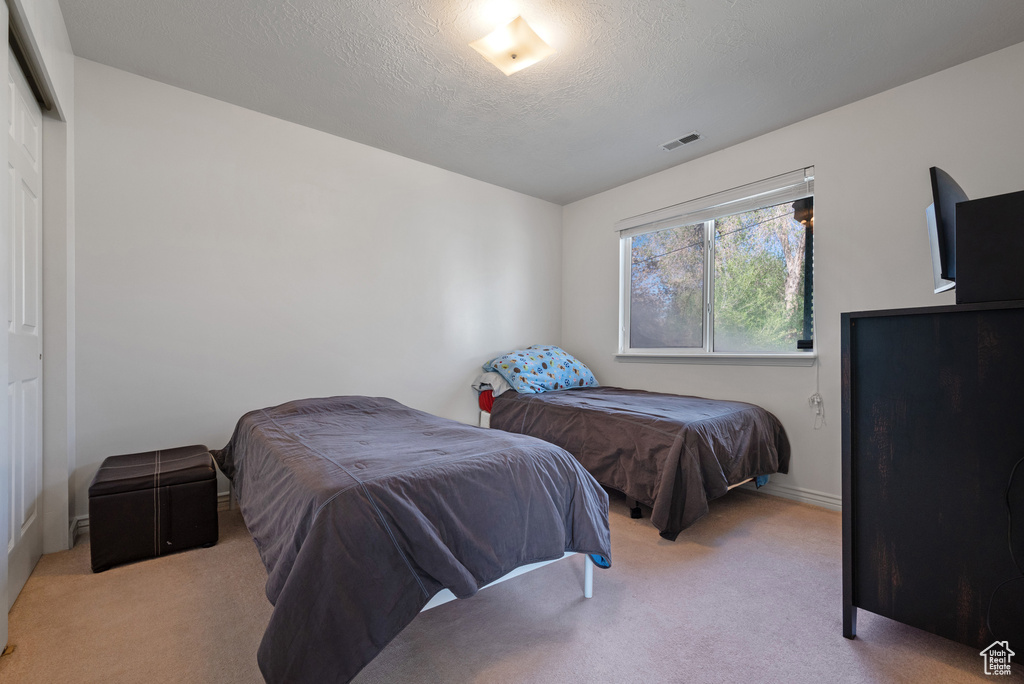 Bedroom with carpet, a textured ceiling, and baseboards