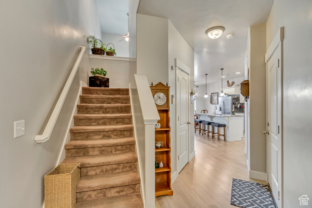 Staircase with a ceiling fan and wood finished floors