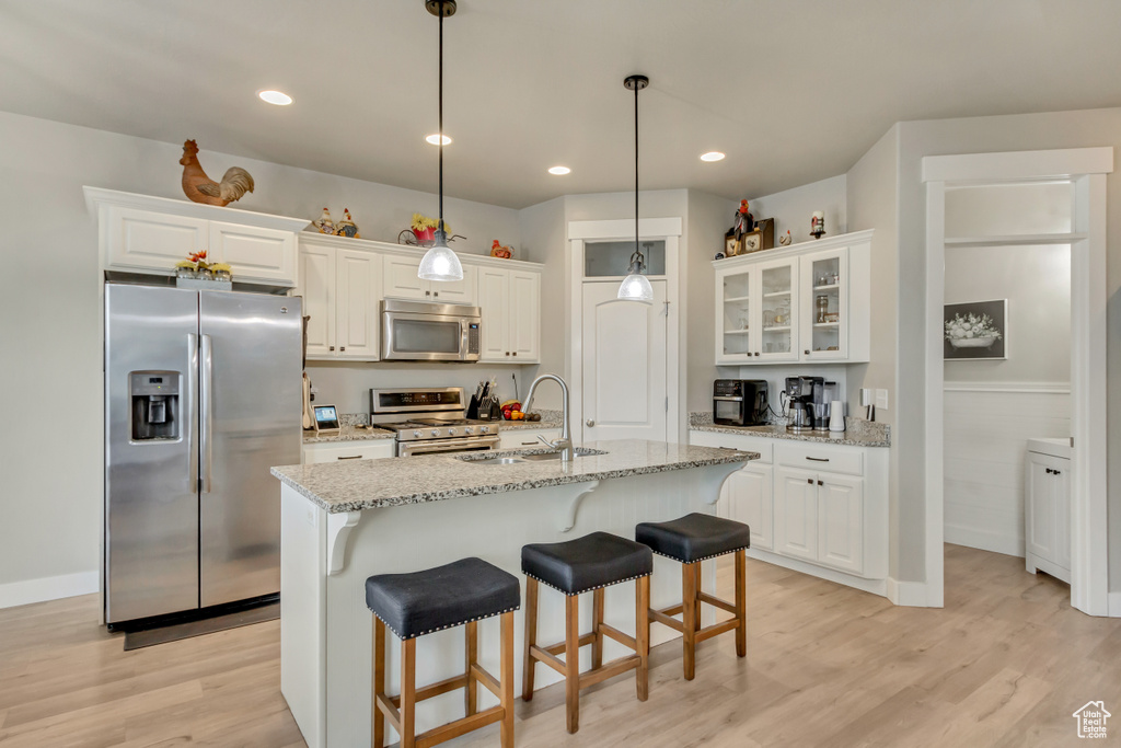 Kitchen featuring stainless steel appliances, a sink, white cabinetry, recessed lighting, and a wainscoted wall