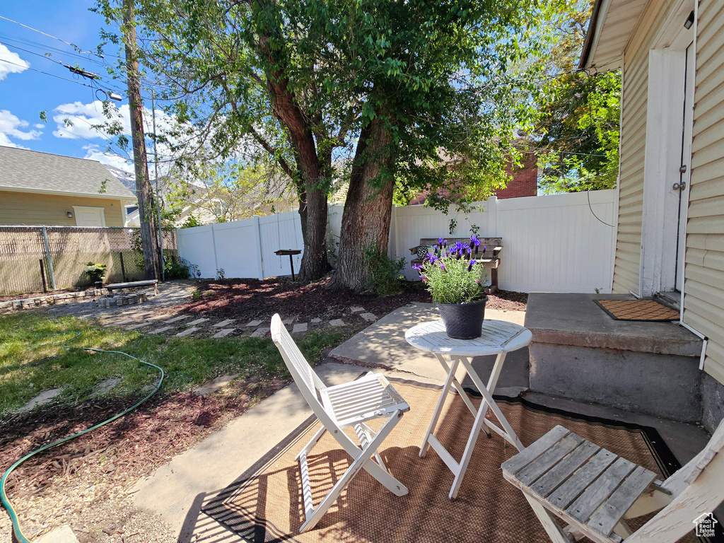 View of patio with a fenced backyard