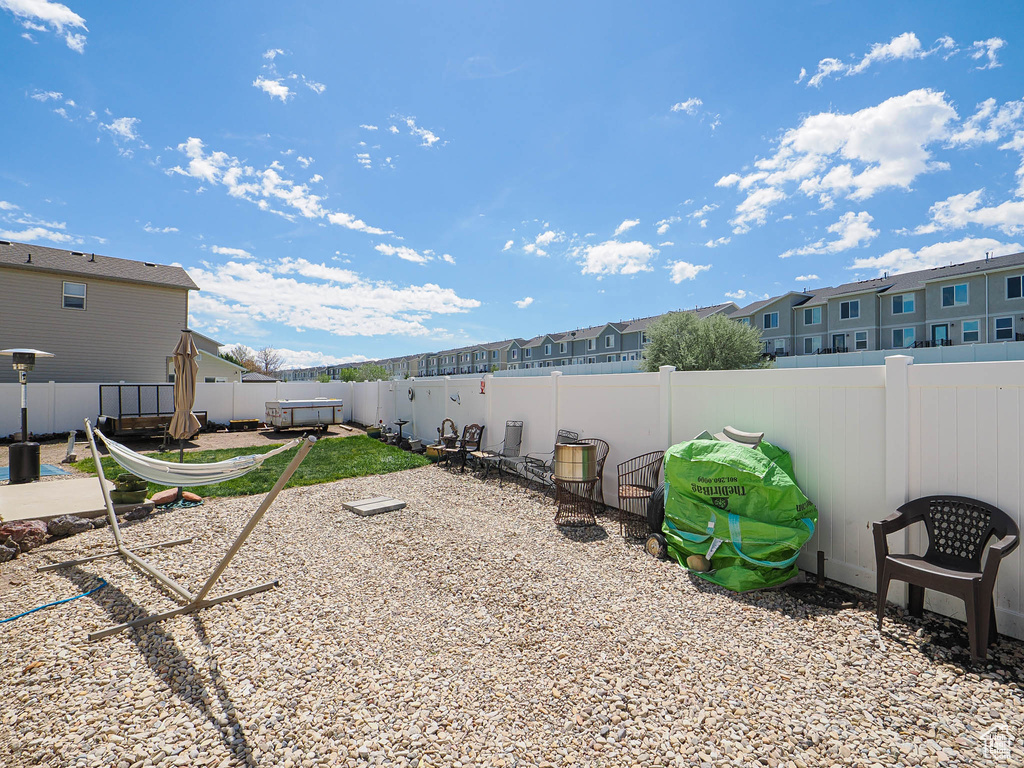 Fenced backyard with a residential view