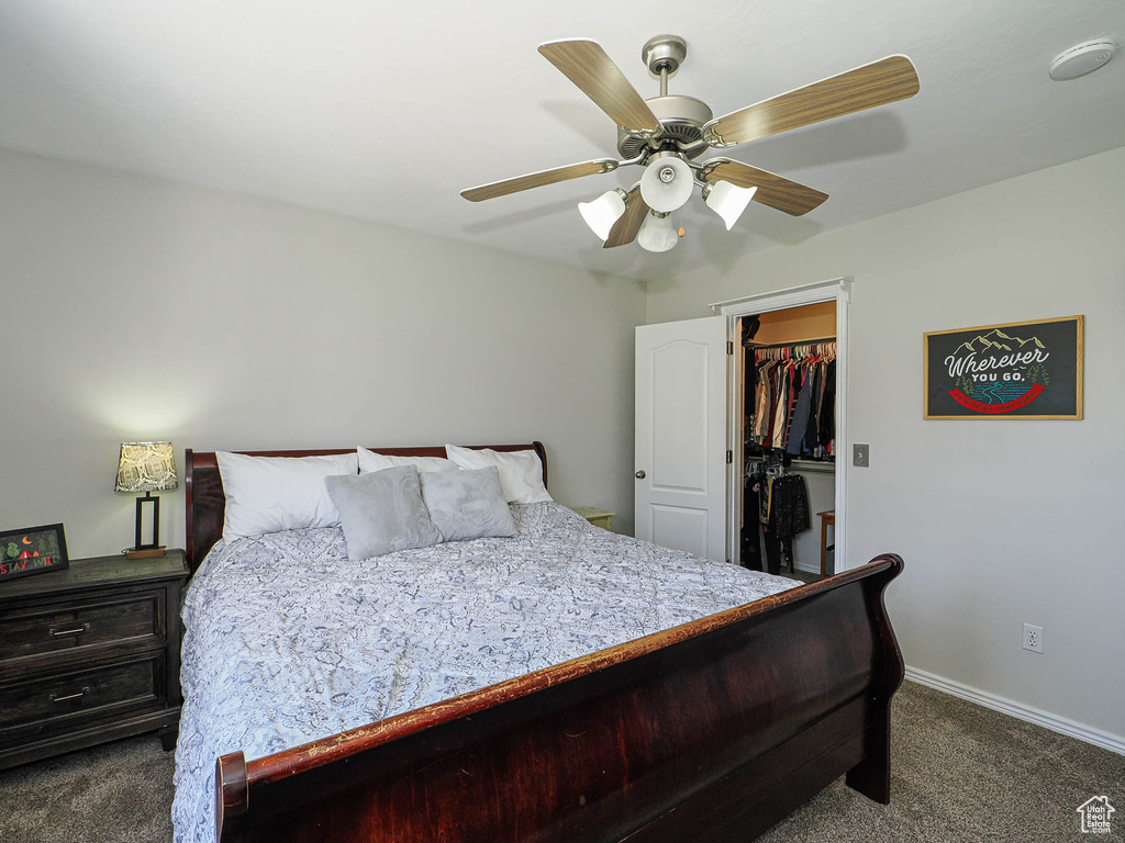 Bedroom featuring carpet, a walk in closet, a ceiling fan, baseboards, and a closet