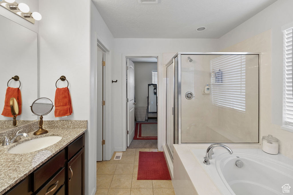 Full bath featuring a shower stall, tile patterned flooring, vanity, a garden tub, and plenty of natural light