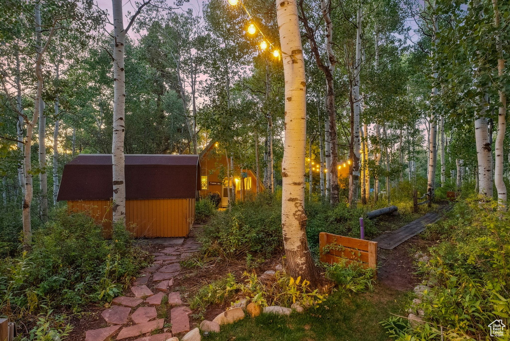 View of yard featuring a storage unit and an outdoor structure