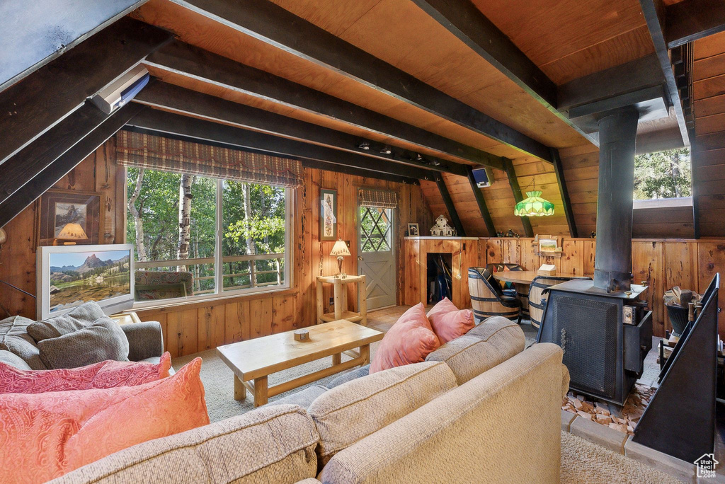 Carpeted living area featuring wooden walls, a wood stove, and wooden ceiling