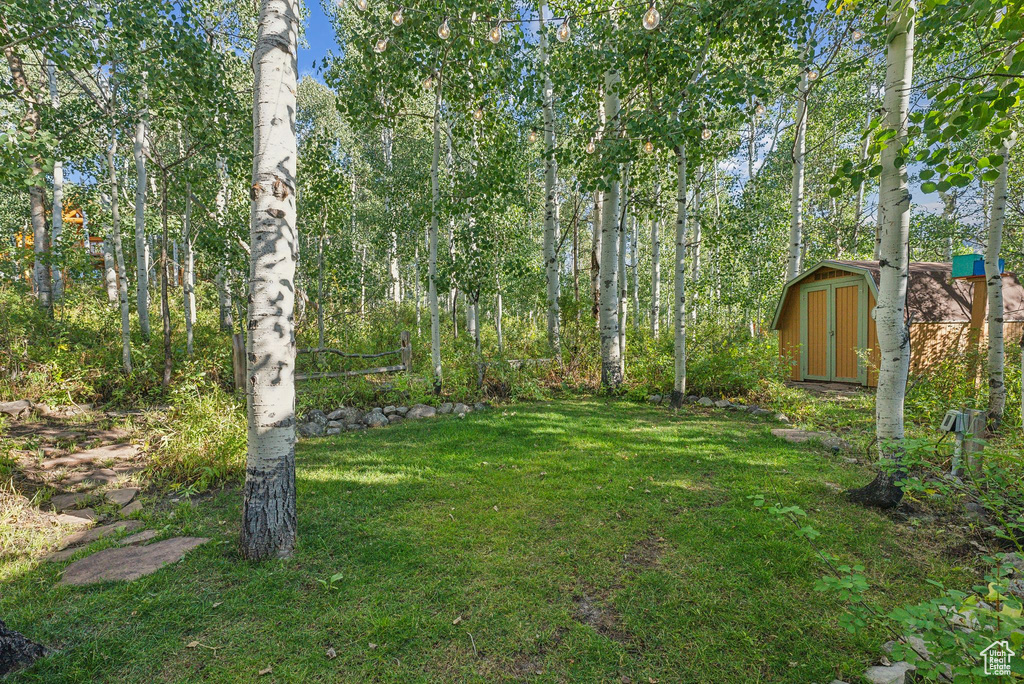View of green lawn featuring a shed and an outdoor structure