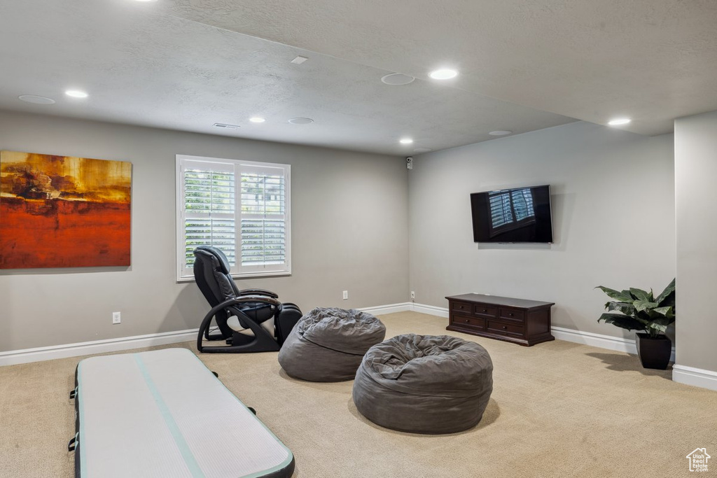 Exercise room featuring carpet flooring, recessed lighting, and baseboards