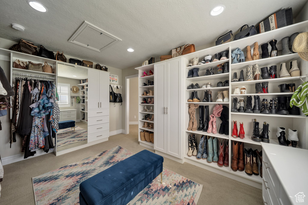 Spacious closet with attic access and light colored carpet
