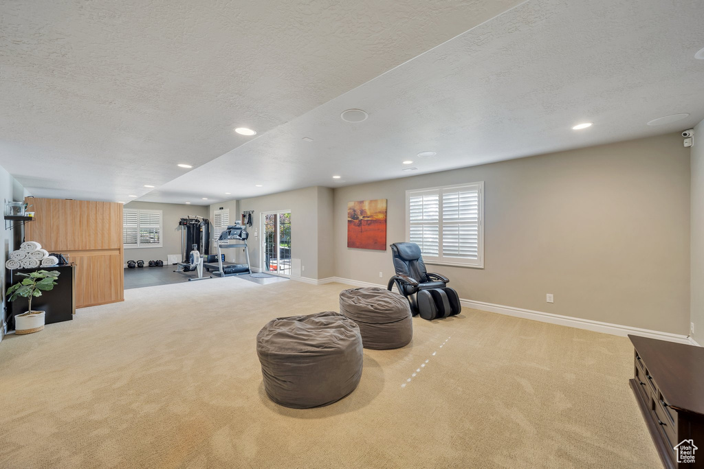 Exercise room with carpet flooring, a textured ceiling, recessed lighting, plenty of natural light, and baseboards