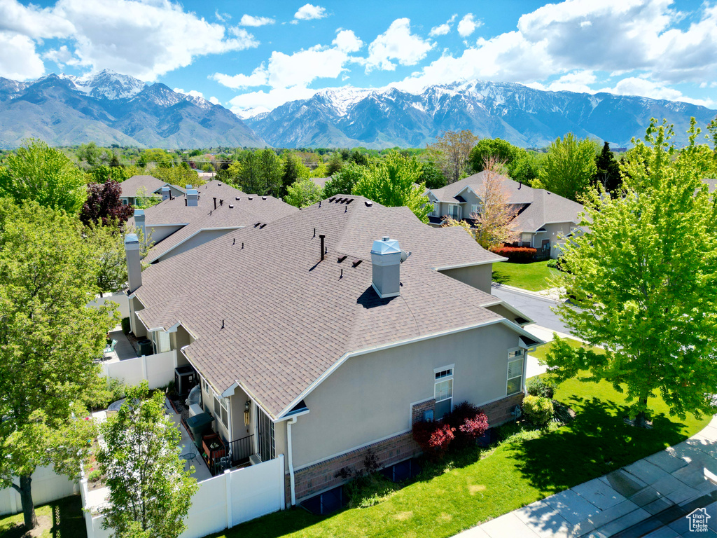 Aerial view of residential area with mountains