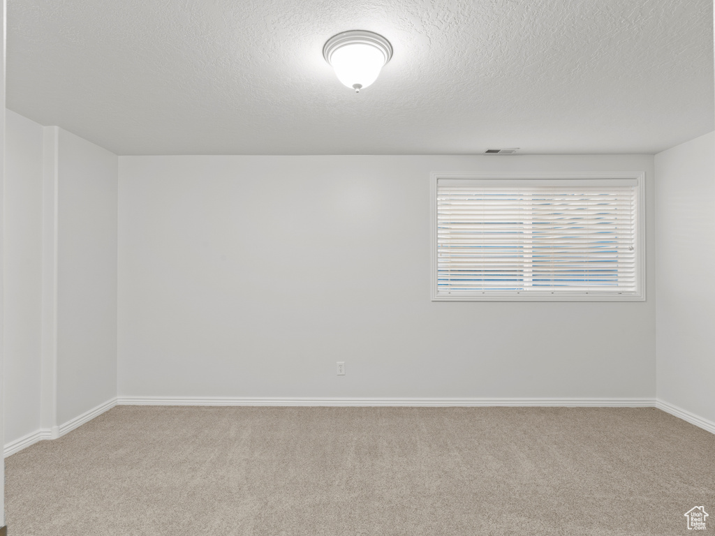Empty room featuring light colored carpet, a textured ceiling, and baseboards